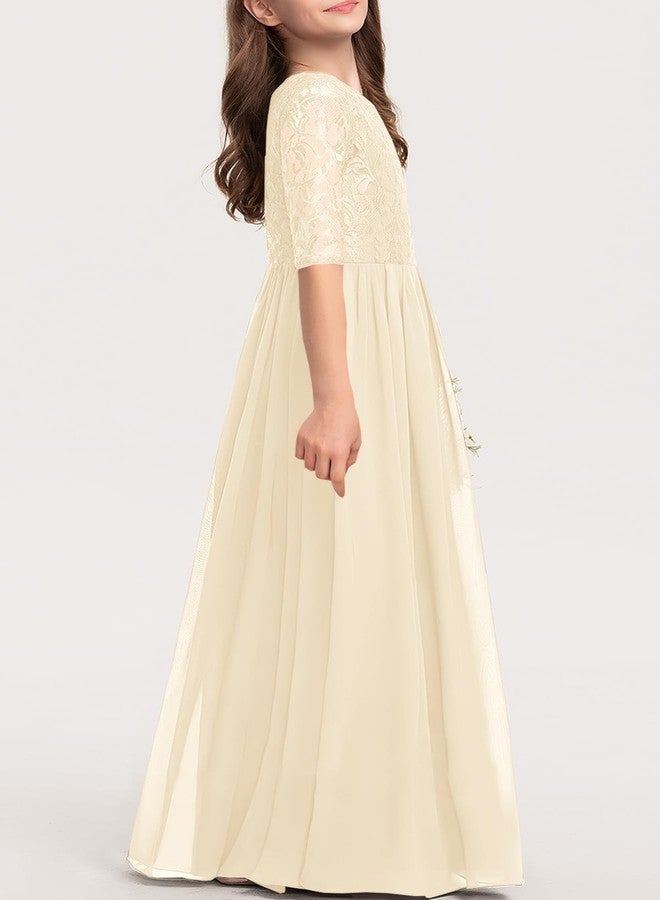 HOSIKA Girls Maxi Dress Boho Flower Lace Junior Bridesmaid Dresses for Wedding Party Apricot 6-7 Years - Image 3